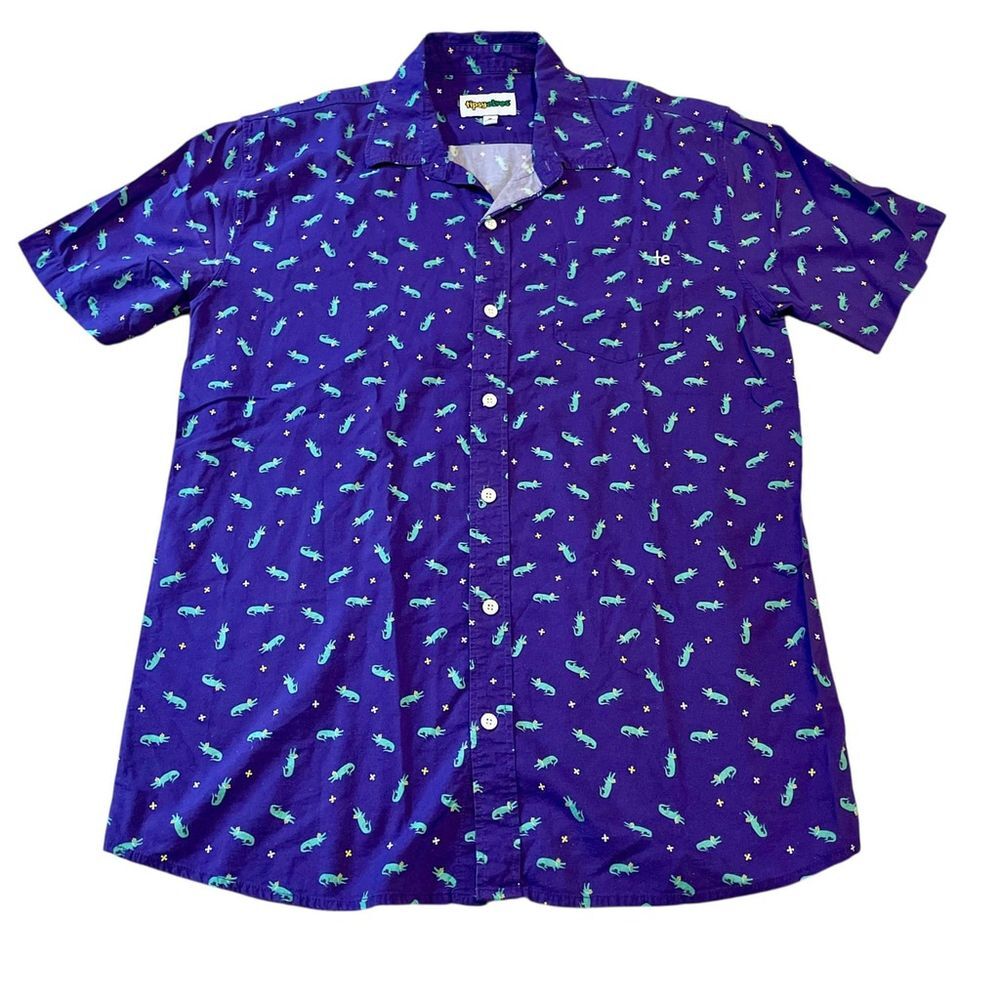 Tipsy Elves Shirt Mens L Purple Gator Mardi Gras Print Short Sleeve Button Up